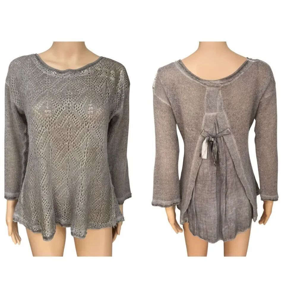 Tempo Paris tan wool blend knit boho sweater bow in the back size M
